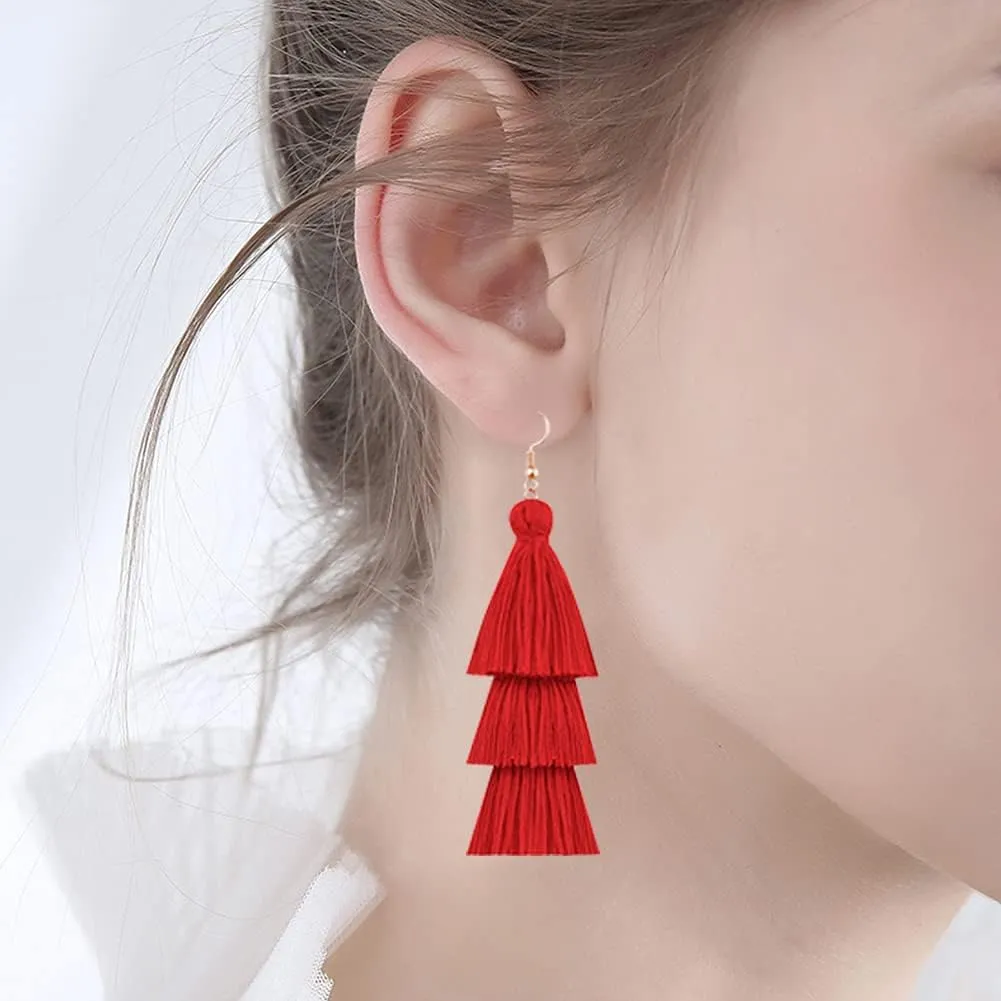 CHUNYANAN 3 Tier Red Yellow Tassel Dangle Drop Earrings Bohemian Fashion Earrings for Women Valentine Party Jewelry Gift.