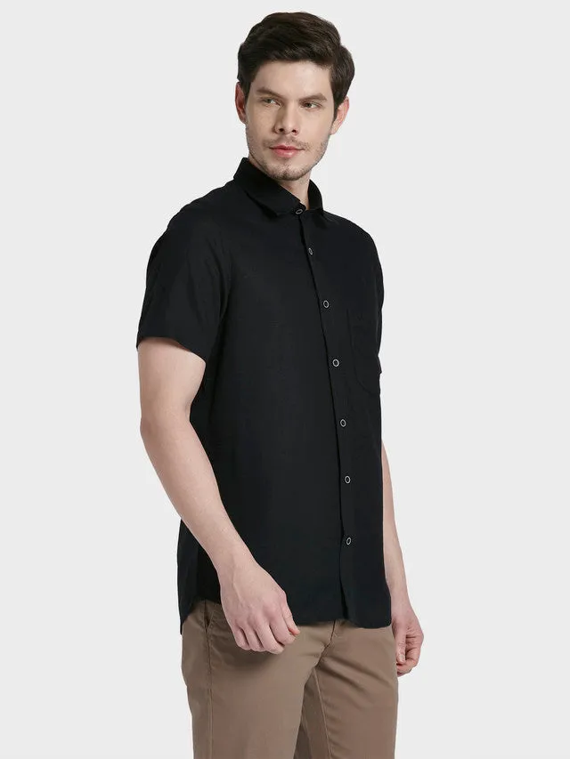 Colorplus Black Solid Tailored Fit Cotton Blend Casual Shirt