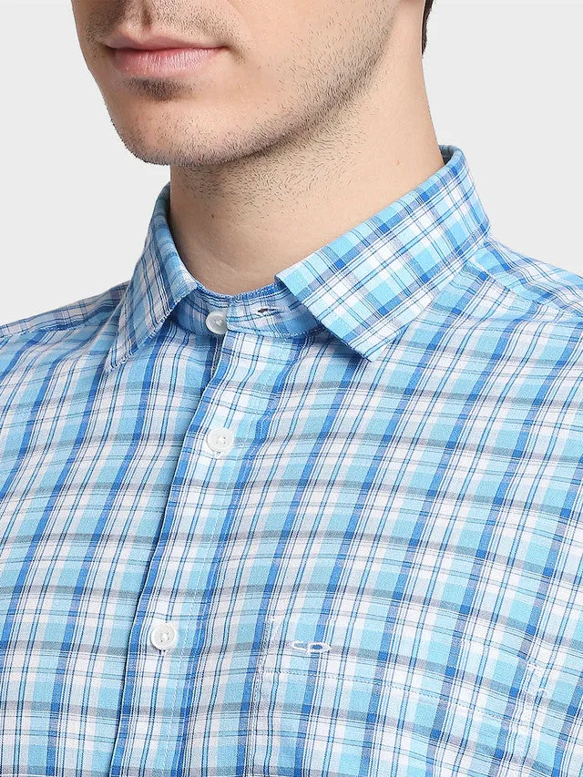 Colorplus Blue Checks Tailored Fit Cotton Casual Shirt
