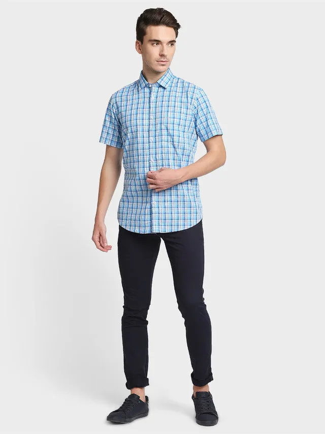 Colorplus Blue Checks Tailored Fit Cotton Casual Shirt