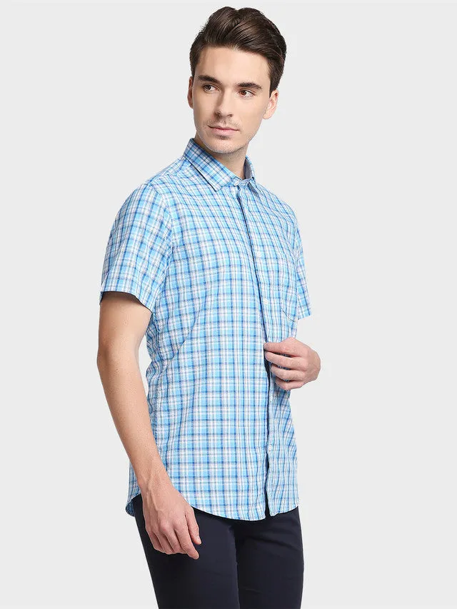 Colorplus Blue Checks Tailored Fit Cotton Casual Shirt