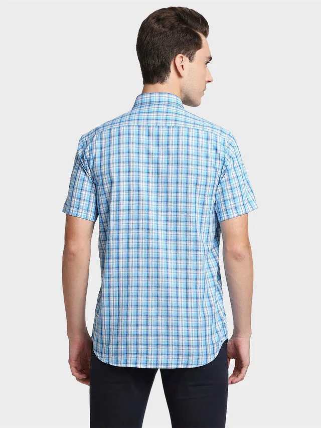 Colorplus Blue Checks Tailored Fit Cotton Casual Shirt