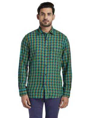 Colorplus Men Green Checkered Tailored Fit Full Sleeve Spread Collar Shirt