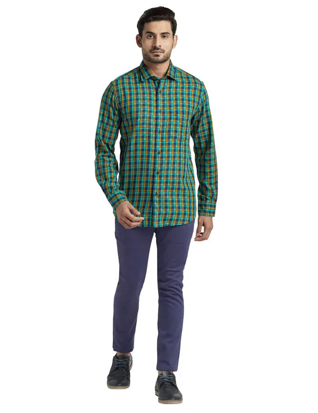 Colorplus Men Green Checkered Tailored Fit Full Sleeve Spread Collar Shirt