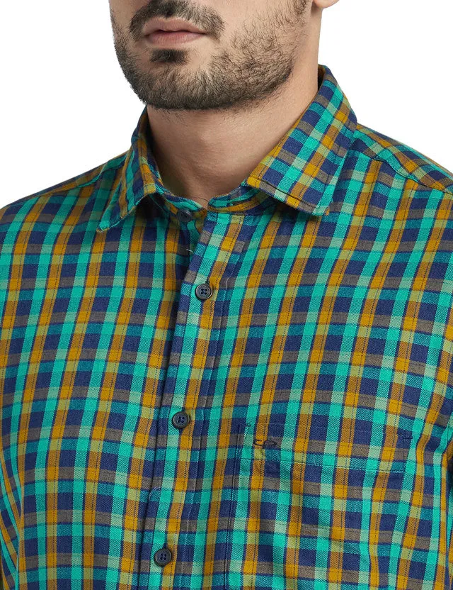 Colorplus Men Green Checkered Tailored Fit Full Sleeve Spread Collar Shirt