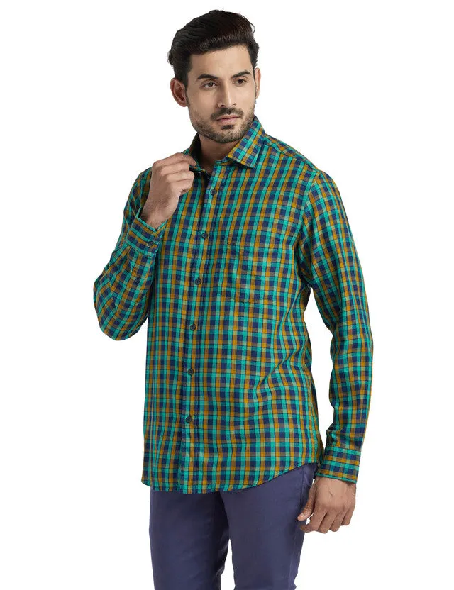 Colorplus Men Green Checkered Tailored Fit Full Sleeve Spread Collar Shirt