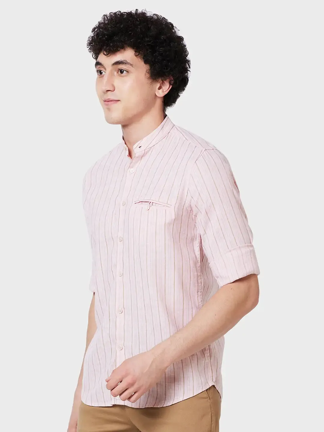 Colorplus Men Pink Striped Tailored Fit Linen Blend Casual Shirt
