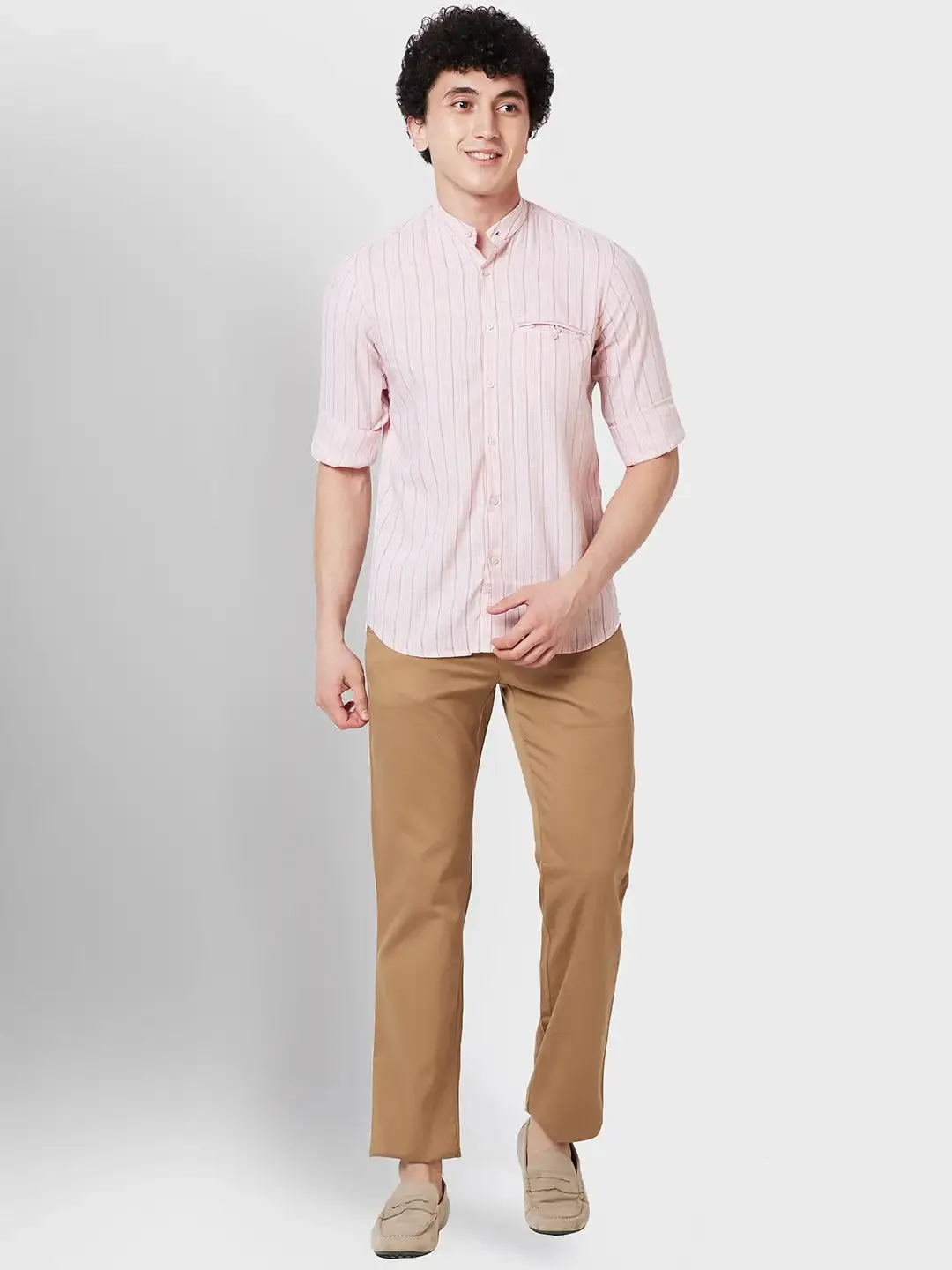 Colorplus Men Pink Striped Tailored Fit Linen Blend Casual Shirt