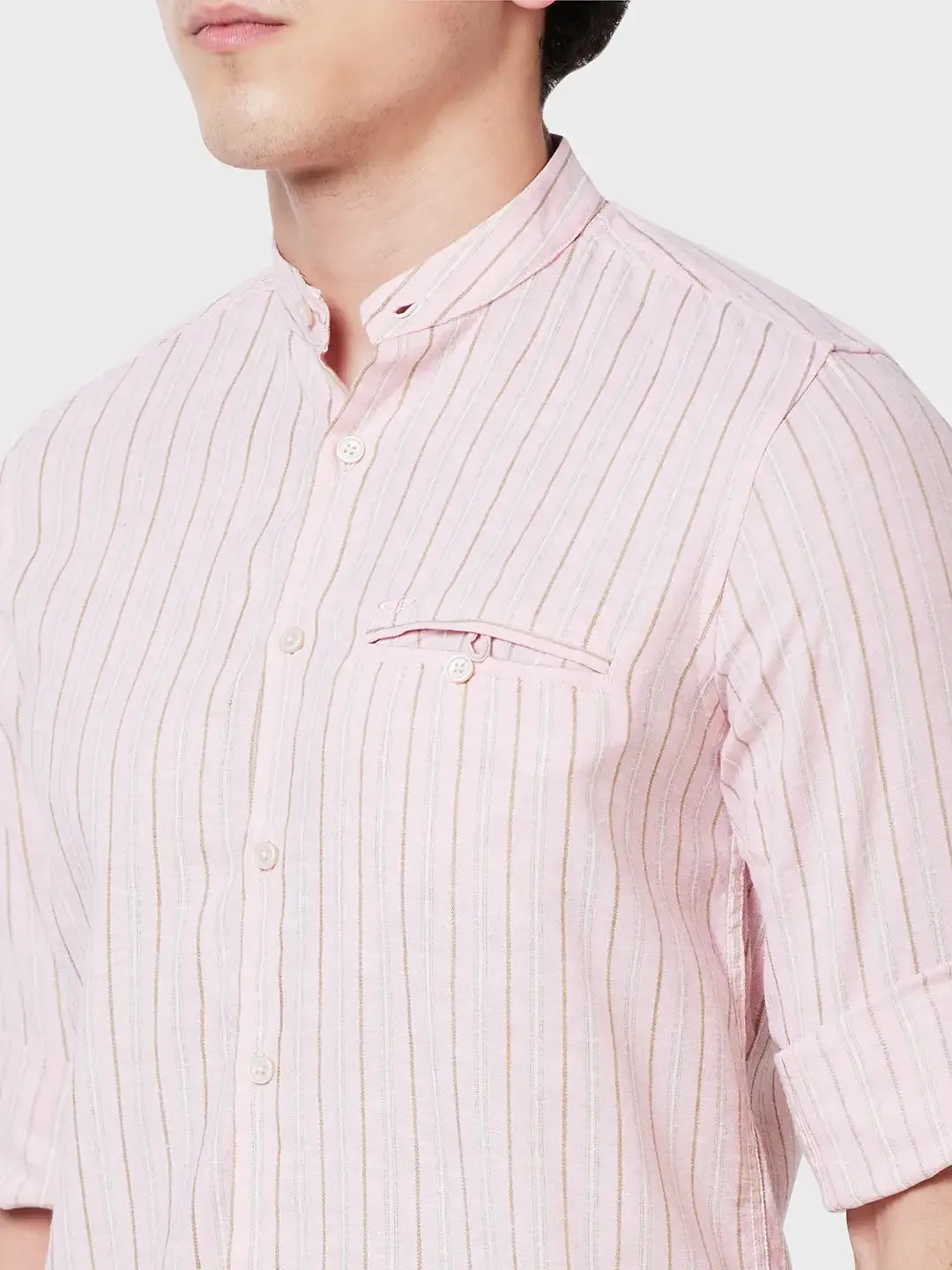 Colorplus Men Pink Striped Tailored Fit Linen Blend Casual Shirt