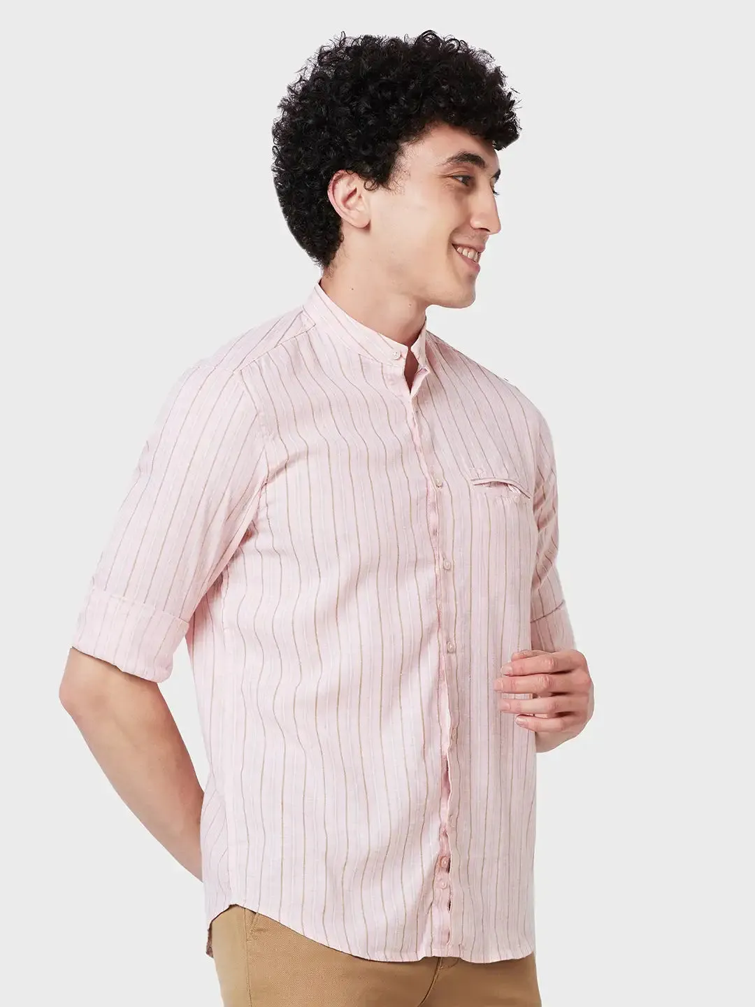 Colorplus Men Pink Striped Tailored Fit Linen Blend Casual Shirt