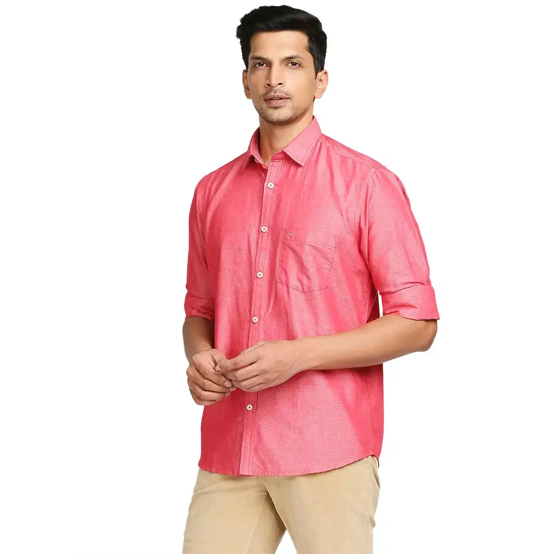 Colorplus Men Pink Warp Chambray Tailored Fit Cotton Blend Casual Shirt
