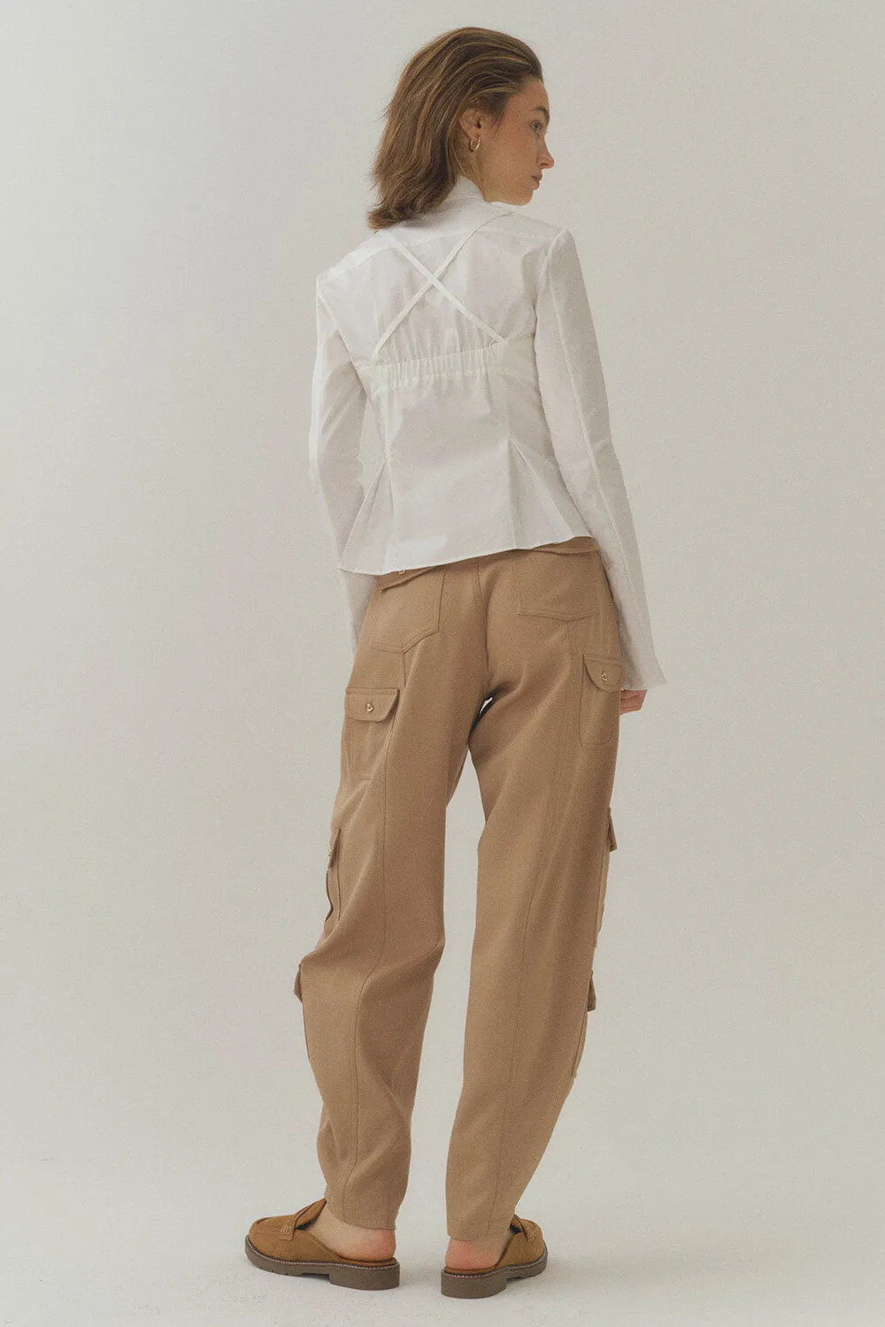 Cotton Curve Cut-Out Pleated Shirt-White