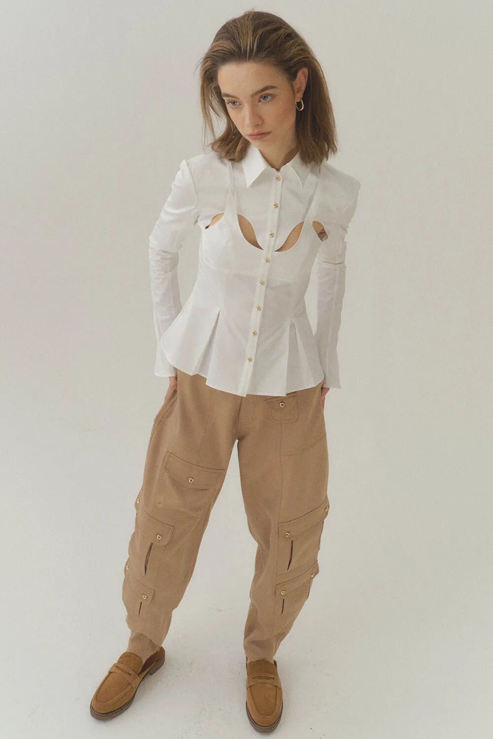 Cotton Curve Cut-Out Pleated Shirt-White