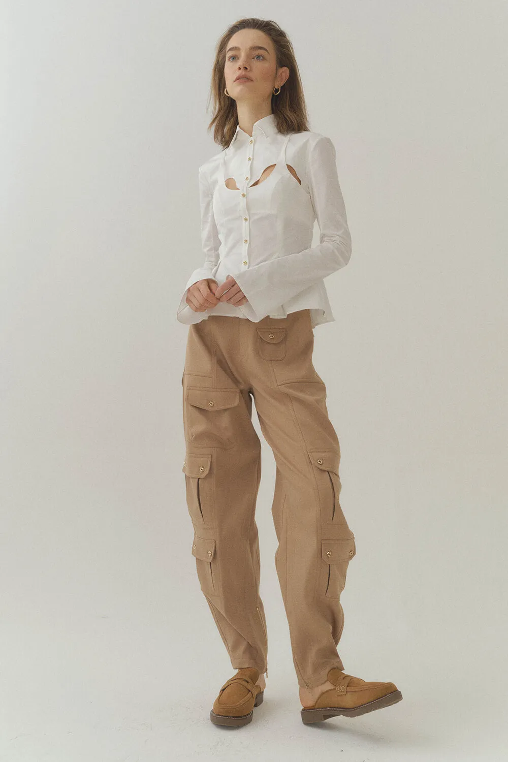 Cotton Curve Cut-Out Pleated Shirt-White