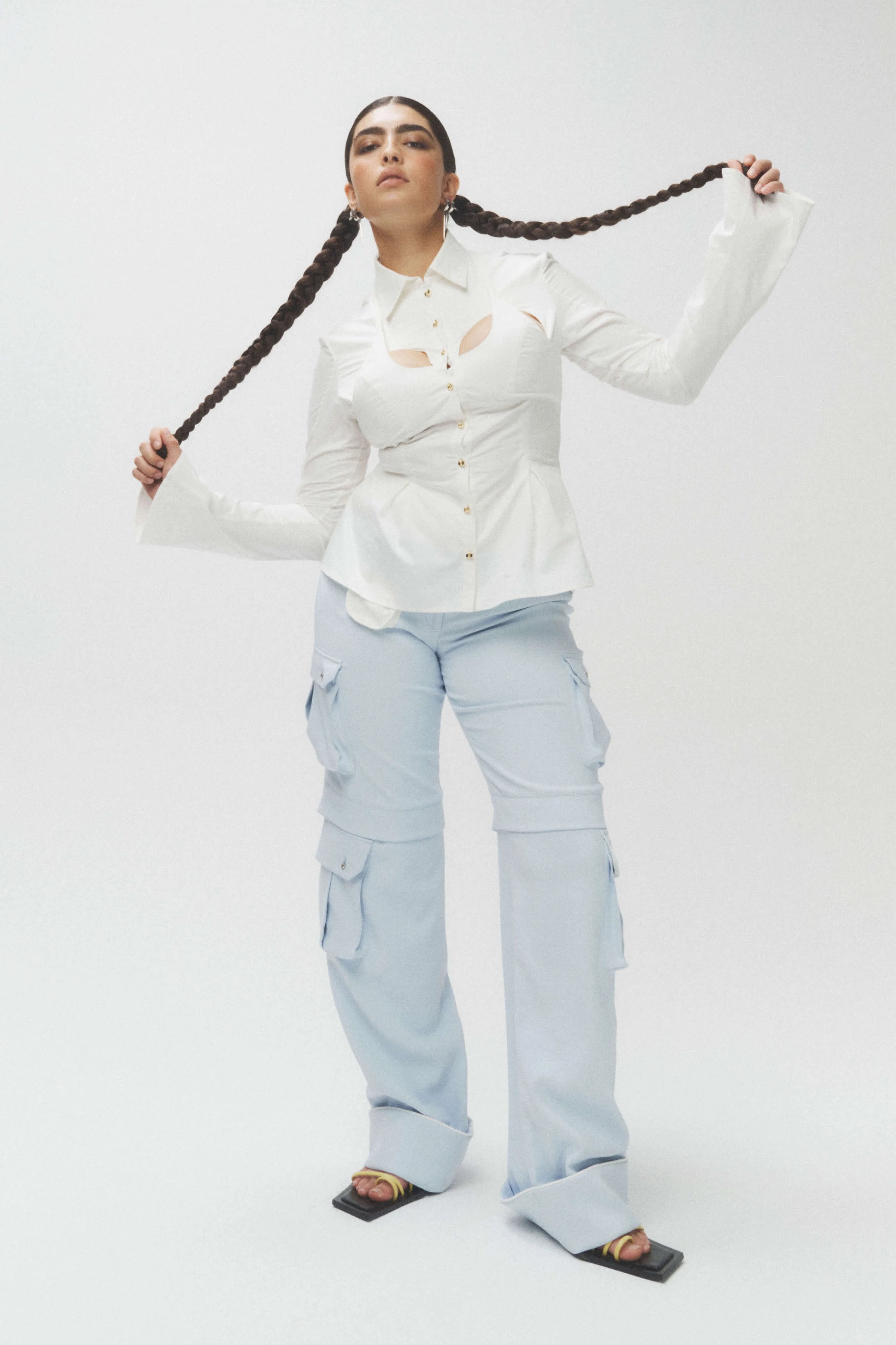 Cotton Curve Cut-Out Pleated Shirt-White