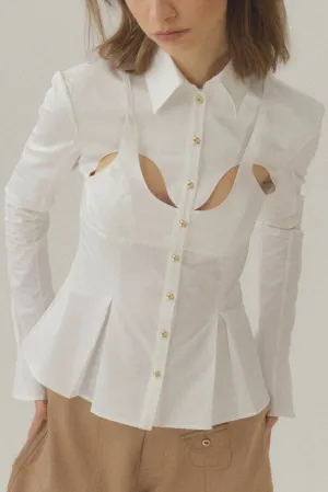 Cotton Curve Cut-Out Pleated Shirt-White