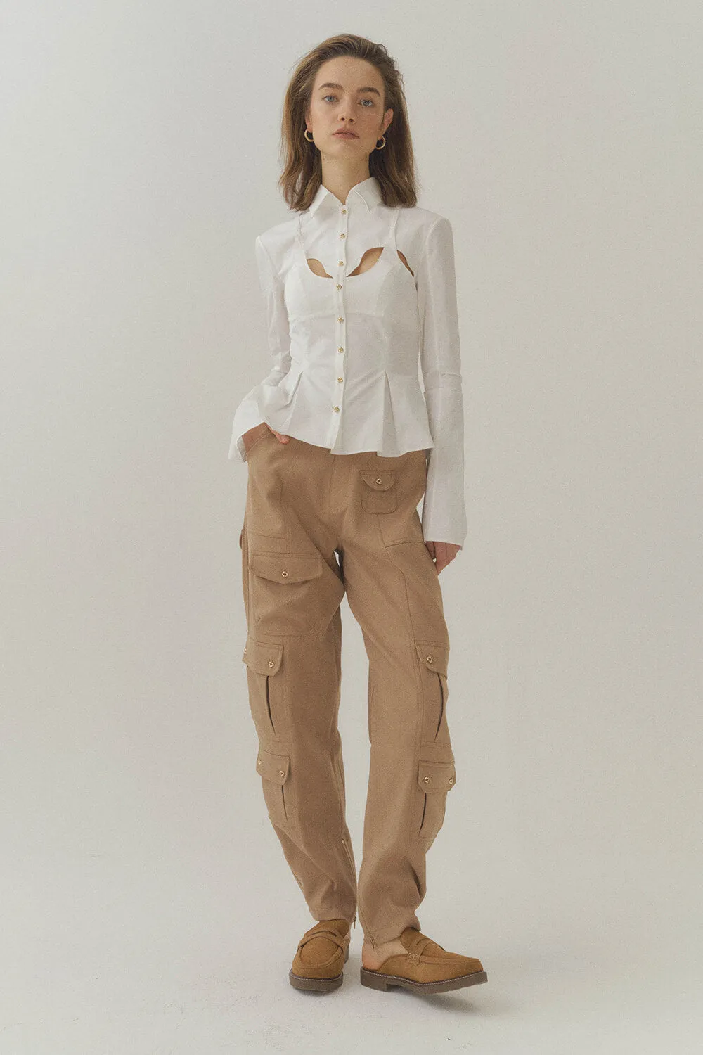 Cotton Curve Cut-Out Pleated Shirt-White
