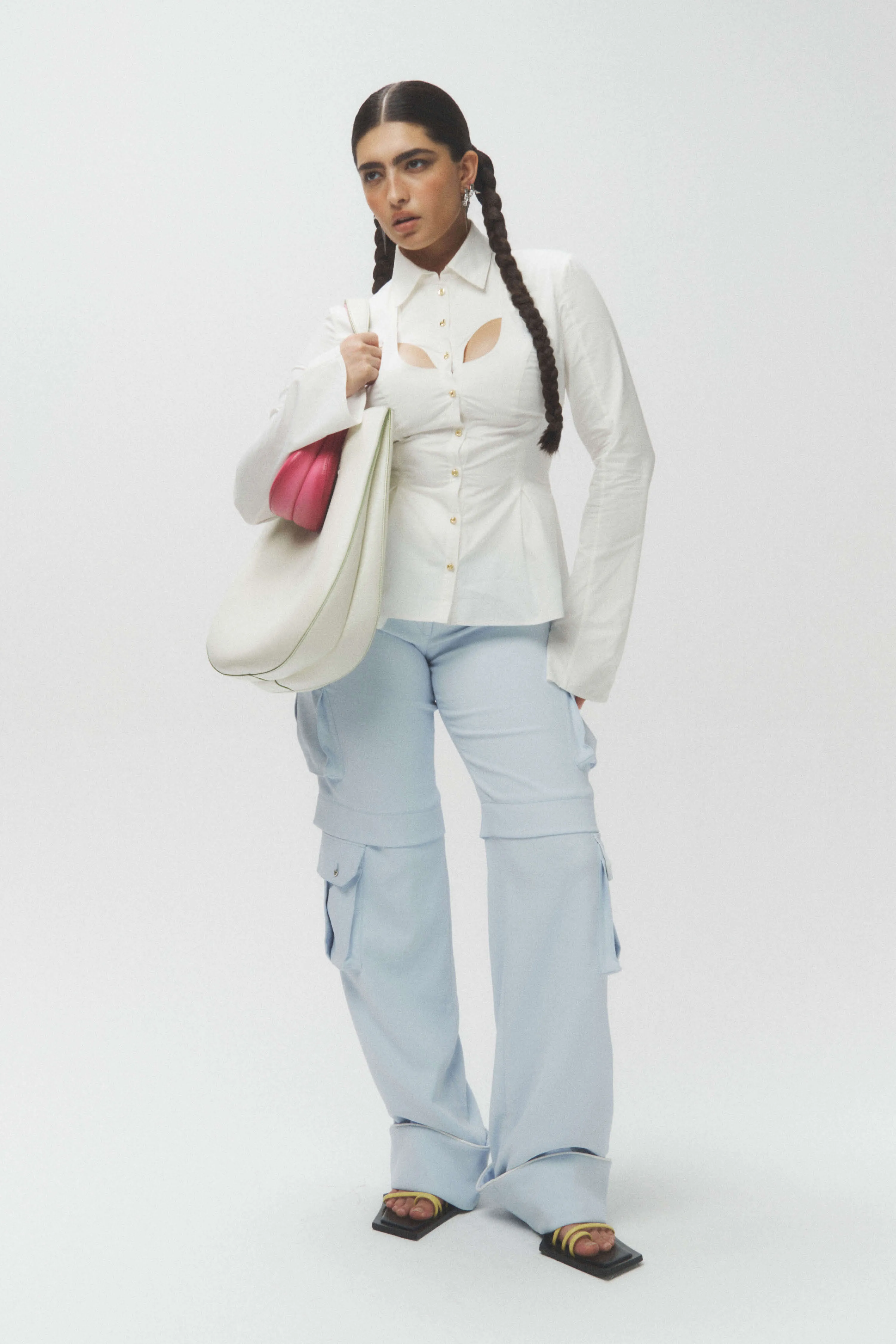Cotton Curve Cut-Out Pleated Shirt-White