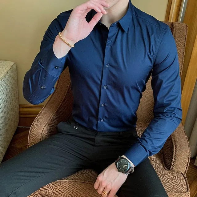 Cotton Long Sleeve Solid Slim Fit Dress Shirts