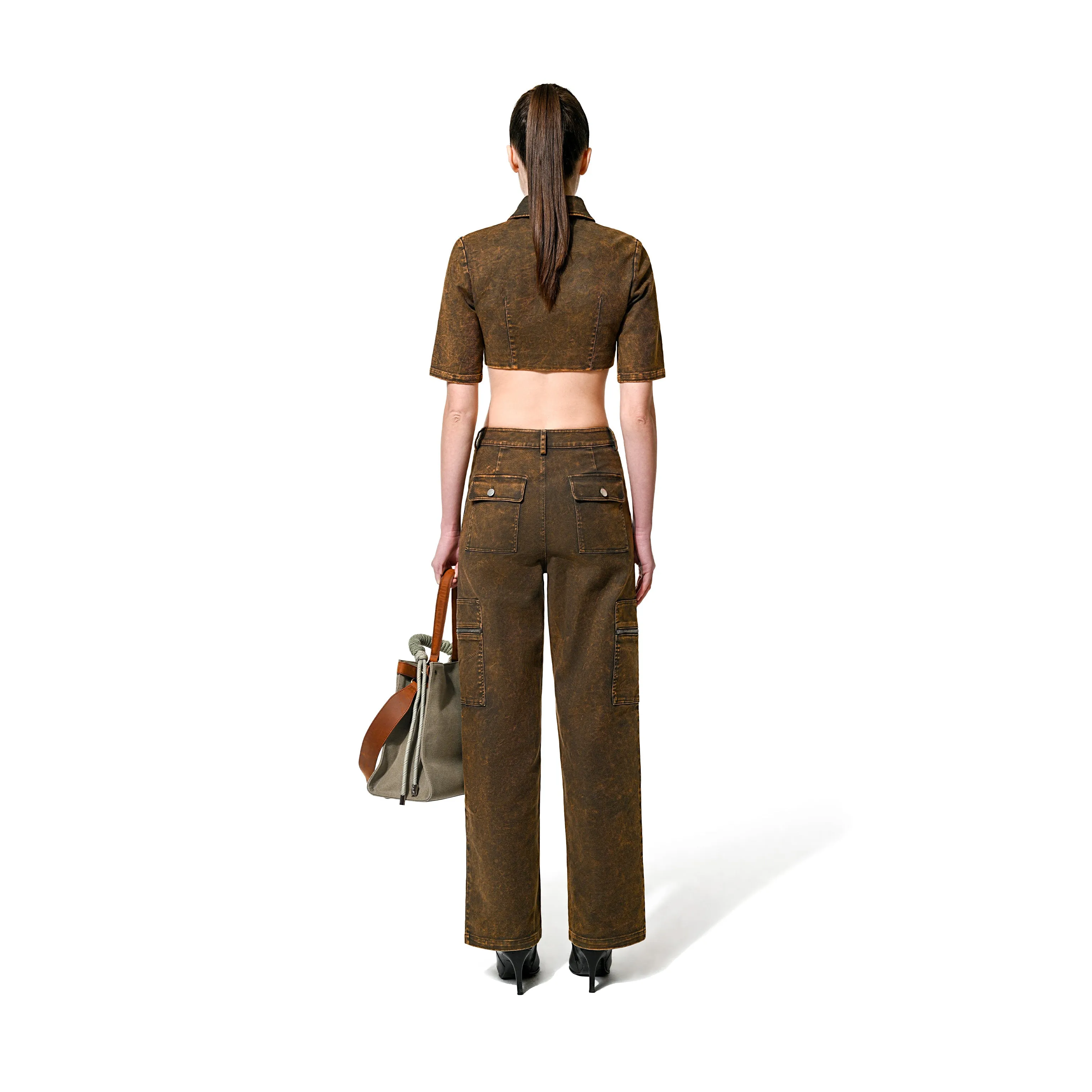 CROPPED OVER DYE ZIP TOP - CARAMEL
