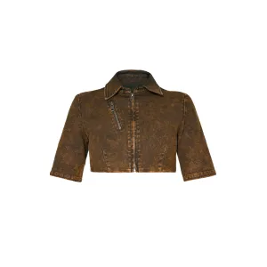 CROPPED OVER DYE ZIP TOP - CARAMEL