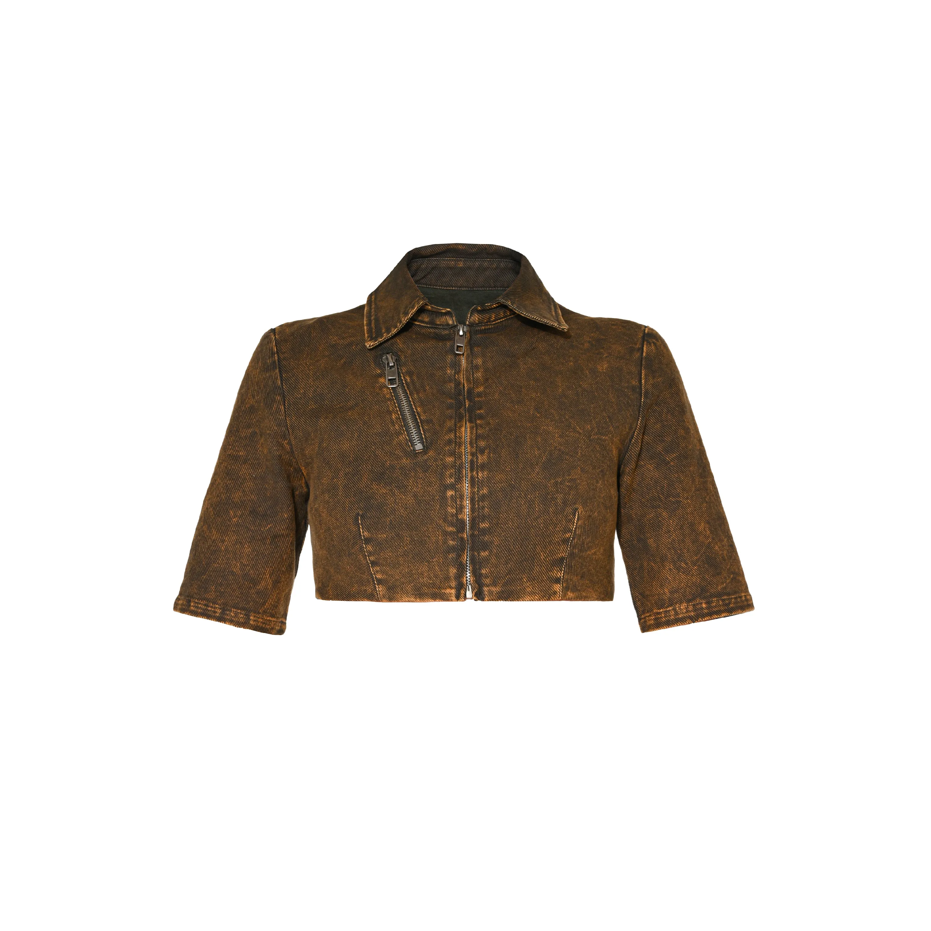 CROPPED OVER DYE ZIP TOP - CARAMEL