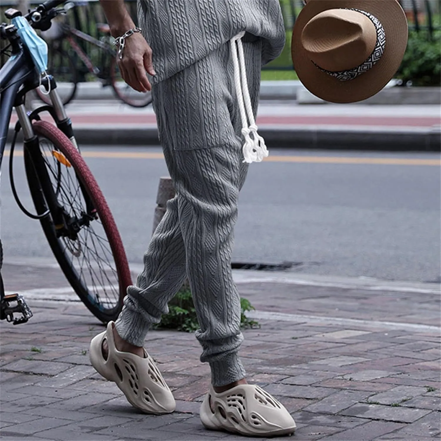 evzosrz Mens Casual Pants Jacquard Knitted Loose Joggers Relaxed Fit Trousers Elasticated Waist Drawstring Solid Sweatpants