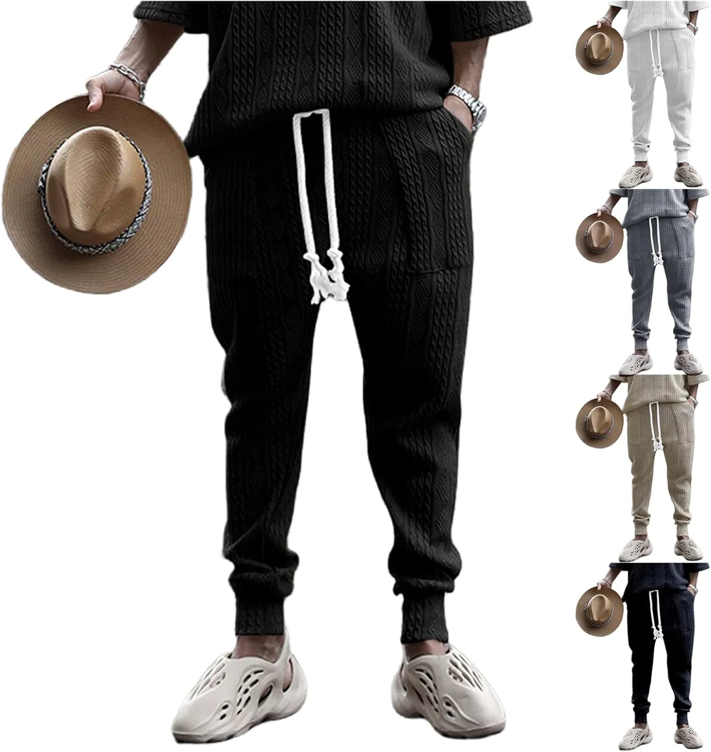 evzosrz Mens Casual Pants Jacquard Knitted Loose Joggers Relaxed Fit Trousers Elasticated Waist Drawstring Solid Sweatpants