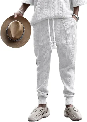 evzosrz Mens Casual Pants Jacquard Knitted Loose Joggers Relaxed Fit Trousers Elasticated Waist Drawstring Solid Sweatpants