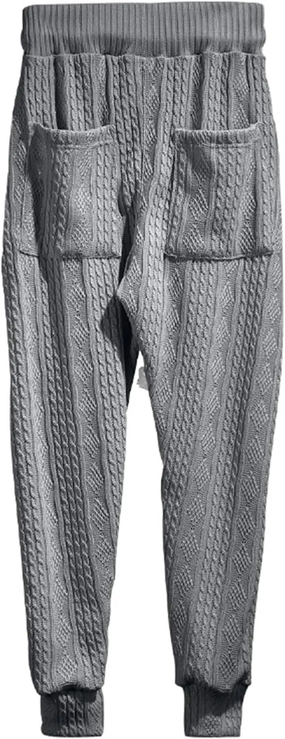 evzosrz Mens Casual Pants Jacquard Knitted Loose Joggers Relaxed Fit Trousers Elasticated Waist Drawstring Solid Sweatpants