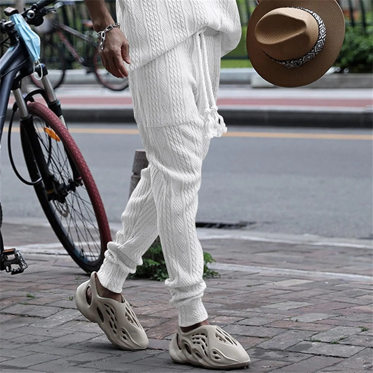 evzosrz Mens Casual Pants Jacquard Knitted Loose Joggers Relaxed Fit Trousers Elasticated Waist Drawstring Solid Sweatpants