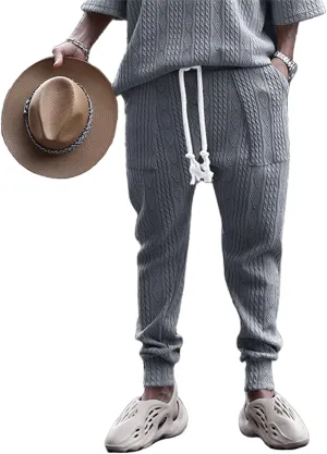 evzosrz Mens Casual Pants Jacquard Knitted Loose Joggers Relaxed Fit Trousers Elasticated Waist Drawstring Solid Sweatpants