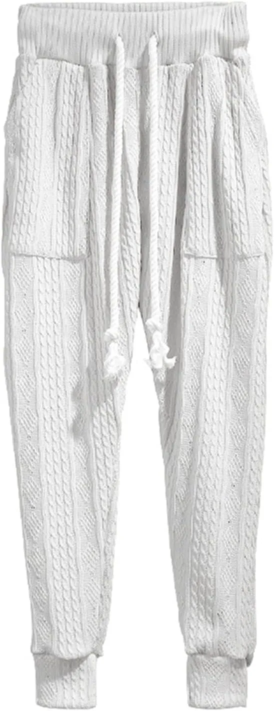 evzosrz Mens Casual Pants Jacquard Knitted Loose Joggers Relaxed Fit Trousers Elasticated Waist Drawstring Solid Sweatpants