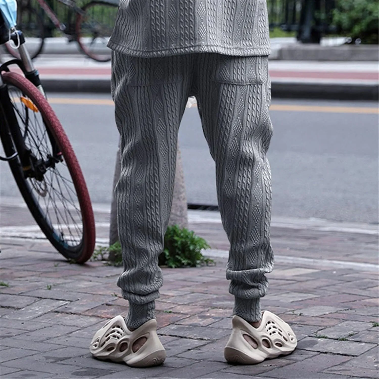 evzosrz Mens Casual Pants Jacquard Knitted Loose Joggers Relaxed Fit Trousers Elasticated Waist Drawstring Solid Sweatpants