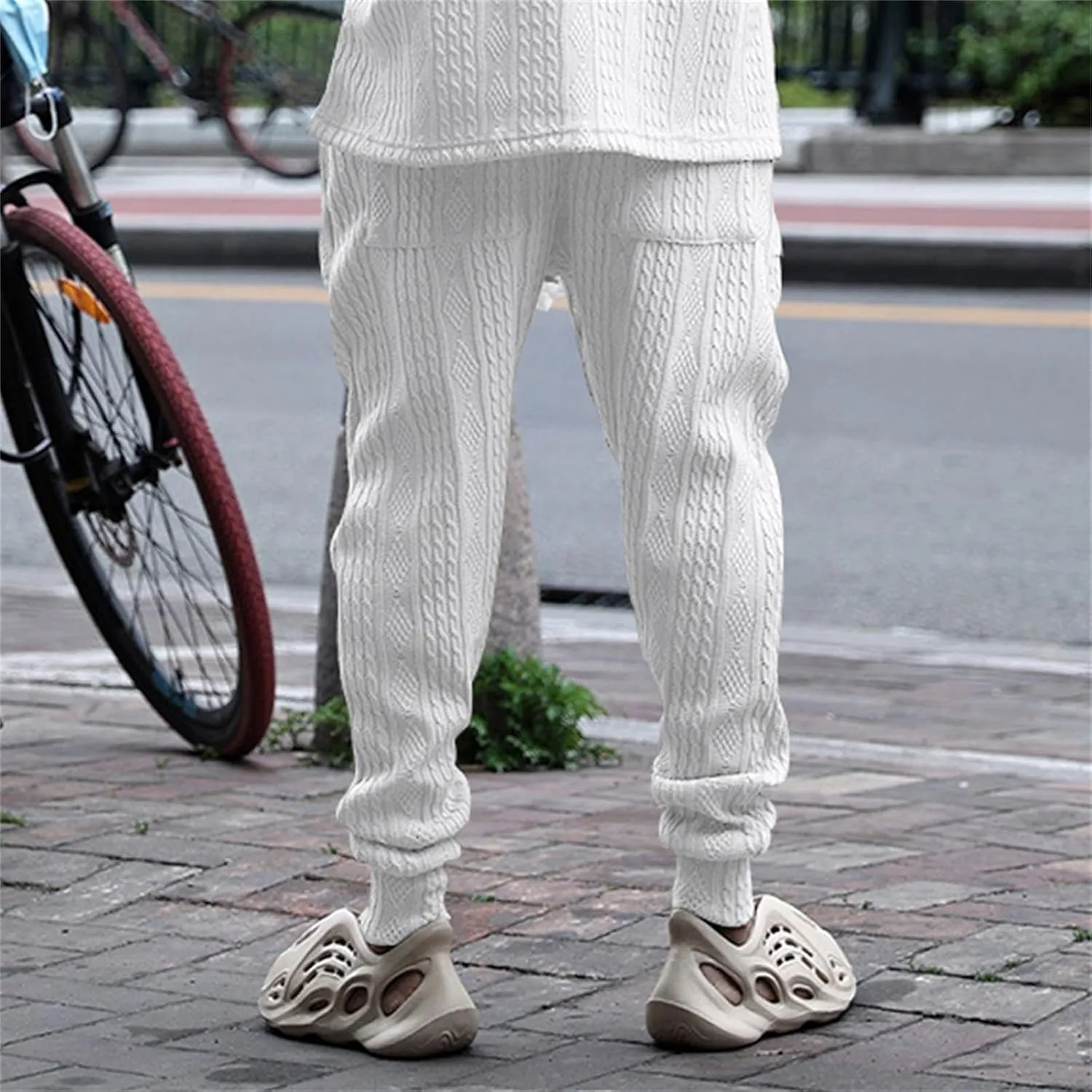 evzosrz Mens Casual Pants Jacquard Knitted Loose Joggers Relaxed Fit Trousers Elasticated Waist Drawstring Solid Sweatpants
