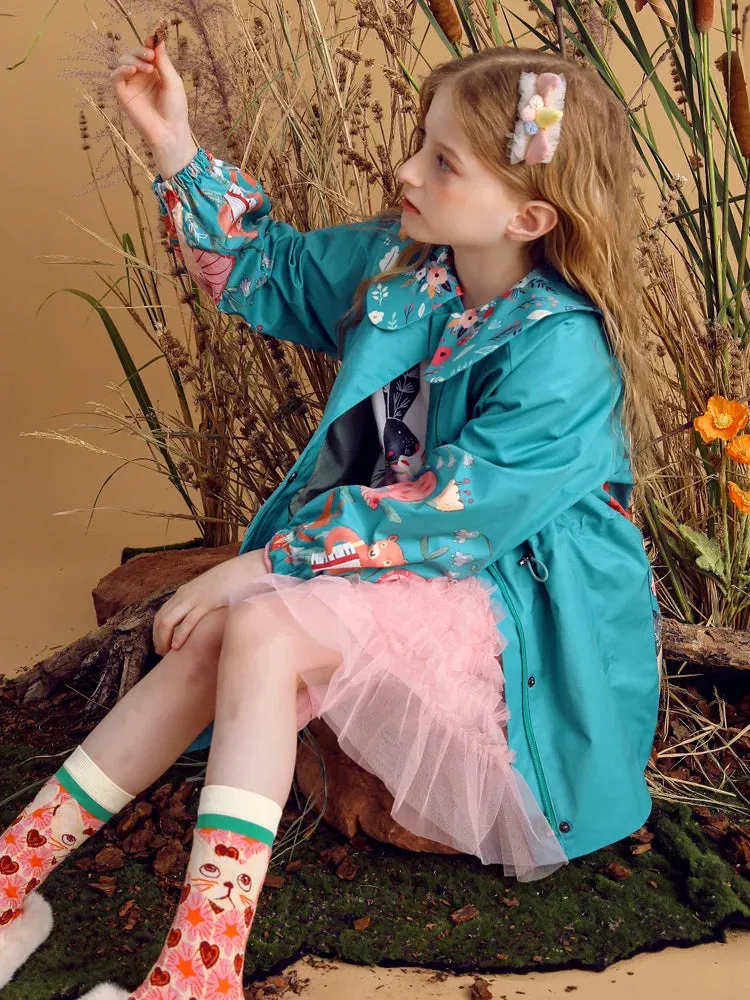 Floral Print Zip Closure Girls' Trench Coat