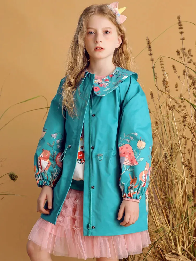 Floral Print Zip Closure Girls' Trench Coat