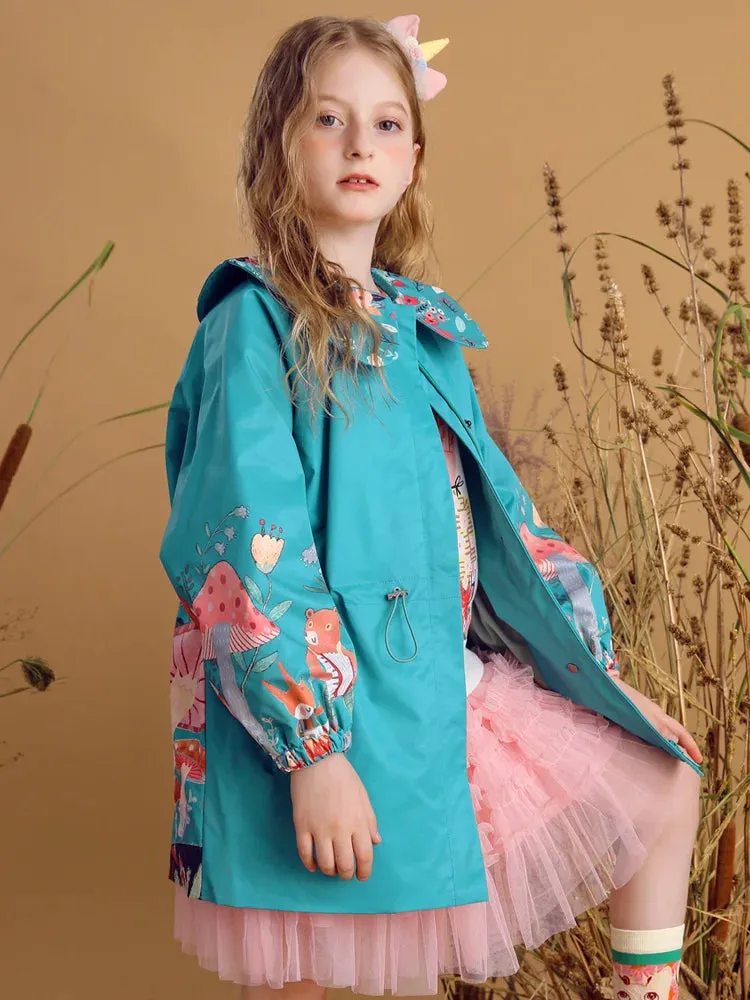 Floral Print Zip Closure Girls' Trench Coat