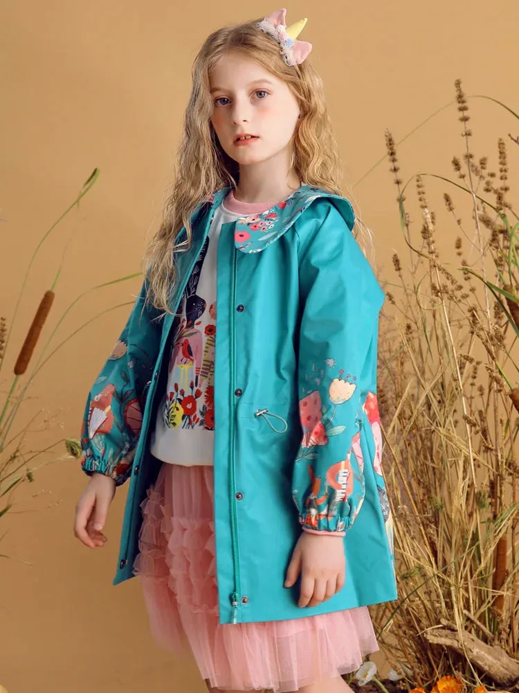 Floral Print Zip Closure Girls' Trench Coat
