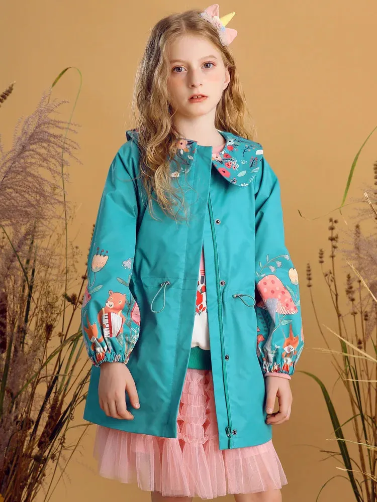 Floral Print Zip Closure Girls' Trench Coat