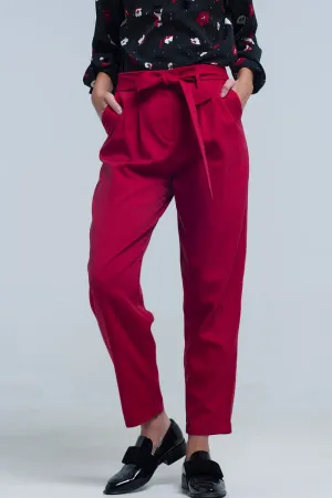High waist red pants with belt
