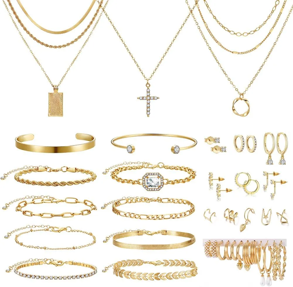 KISS WIFE Gold Plated Jewelry Set for Women with Multi Layered Necklaces, Stackable Bracelets, Knuckle Rings, Hoop Earrings Sets, Fashion Outfit Accessories Jewelry Packs, Gifts for Women