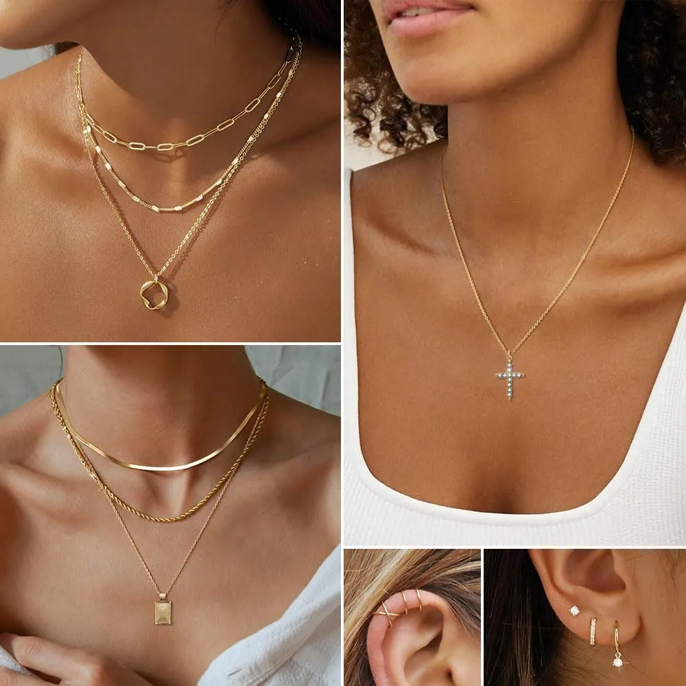KISS WIFE Gold Plated Jewelry Set for Women with Multi Layered Necklaces, Stackable Bracelets, Knuckle Rings, Hoop Earrings Sets, Fashion Outfit Accessories Jewelry Packs, Gifts for Women