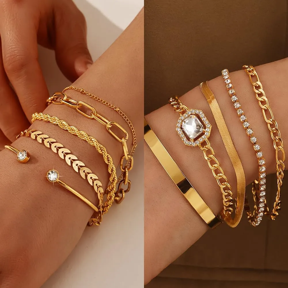 KISS WIFE Gold Plated Jewelry Set for Women with Multi Layered Necklaces, Stackable Bracelets, Knuckle Rings, Hoop Earrings Sets, Fashion Outfit Accessories Jewelry Packs, Gifts for Women