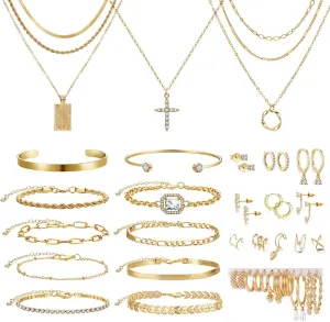 KISS WIFE Gold Plated Jewelry Set for Women with Multi Layered Necklaces, Stackable Bracelets, Knuckle Rings, Hoop Earrings Sets, Fashion Outfit Accessories Jewelry Packs, Gifts for Women