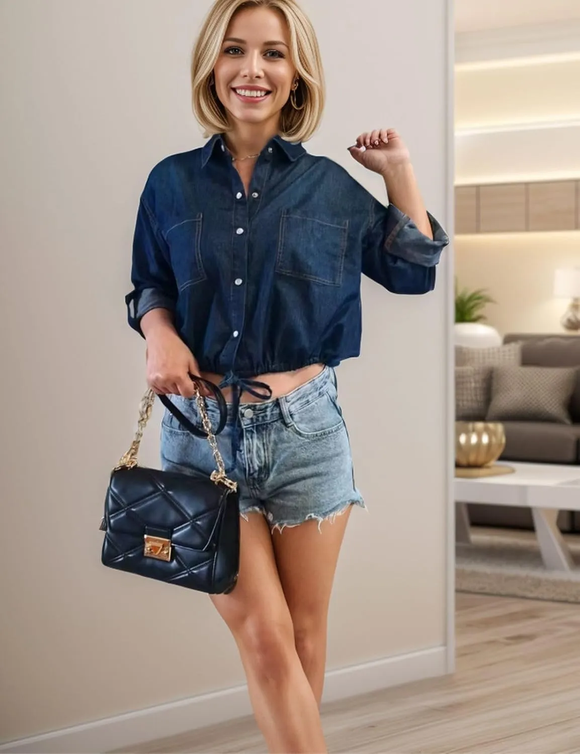 Kwoki Women's Cropped Denim Shirt Roll Up 3/4 Sleeve Casual Loose Crop Tops Drawstring Hem Button Front Jean Jacket