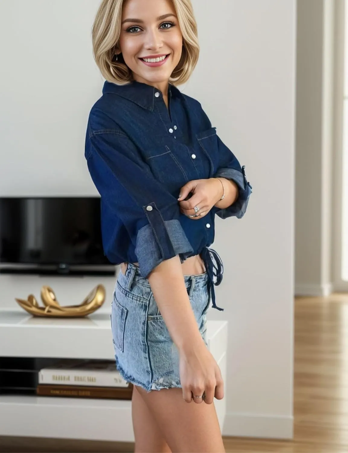 Kwoki Women's Cropped Denim Shirt Roll Up 3/4 Sleeve Casual Loose Crop Tops Drawstring Hem Button Front Jean Jacket