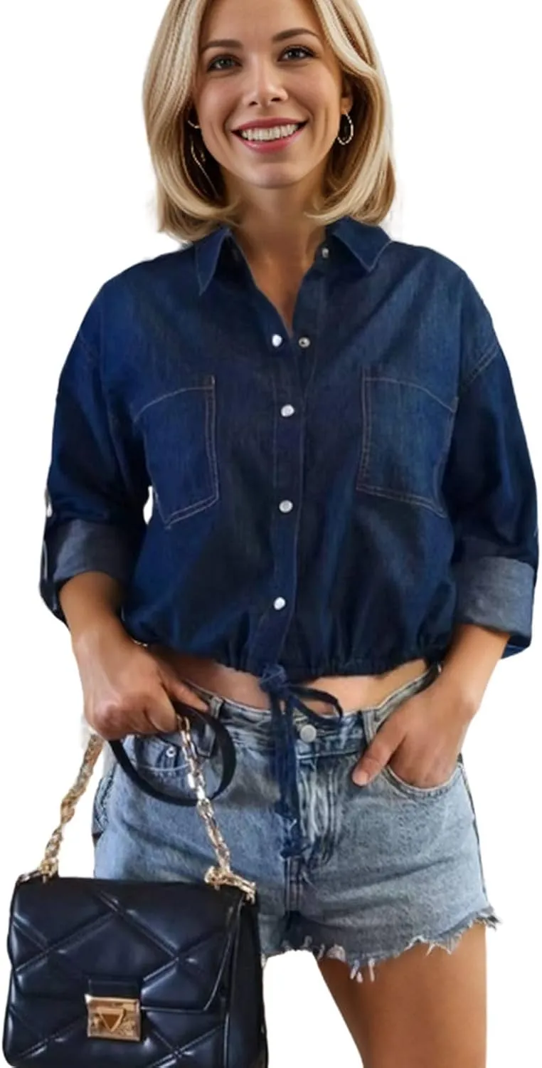 Kwoki Women's Cropped Denim Shirt Roll Up 3/4 Sleeve Casual Loose Crop Tops Drawstring Hem Button Front Jean Jacket