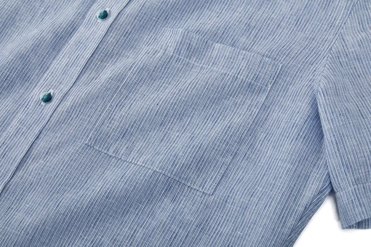 Linen Blend Stand Collar Stripe Casual Shirt in Smart Fit with Chest Pocket