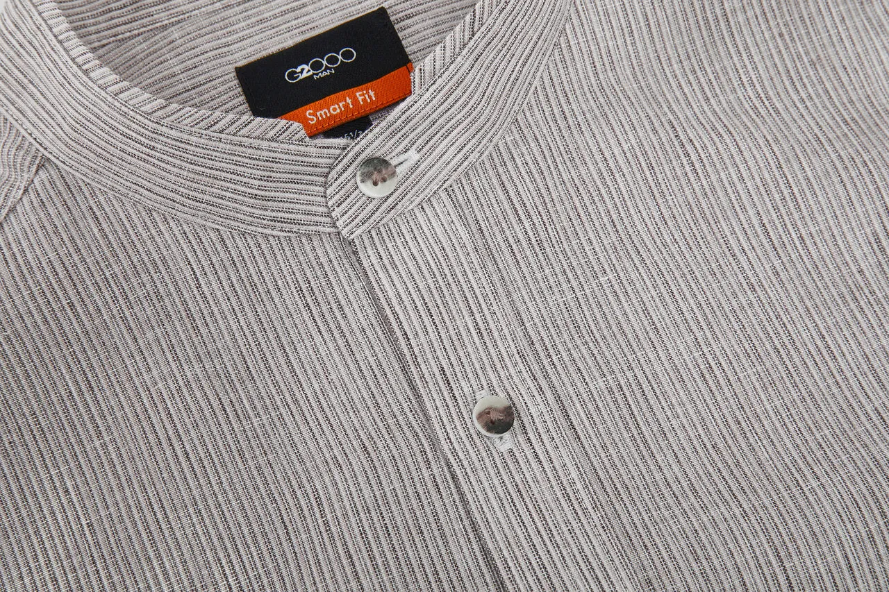 Linen Blend Stand Collar Stripe Casual Shirt in Smart Fit with Chest Pocket
